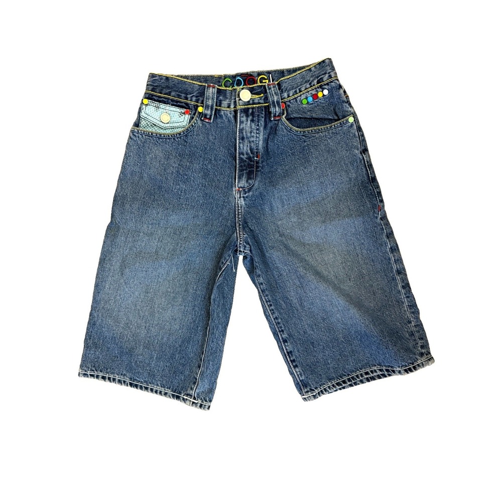 Coogi Vintage 90s Jorts Size 27" Waist Rainbow Feather Embroidered Design Denim